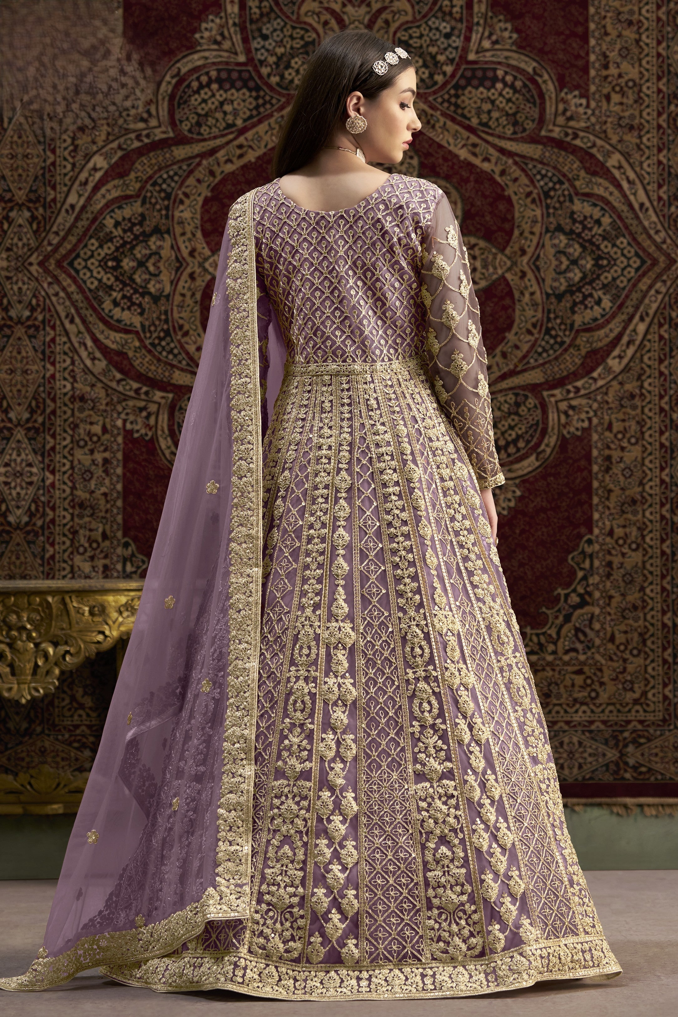 Purple Net Pakistani Anarkali Suit with Sequins and Dori Work