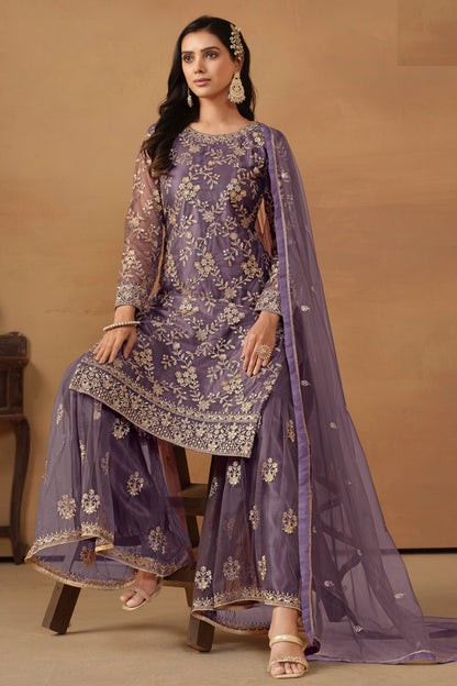 Purple Net Sharara Suit Dress For Indian Festivals & Weddings - Thread & Sequence Embroidery Work