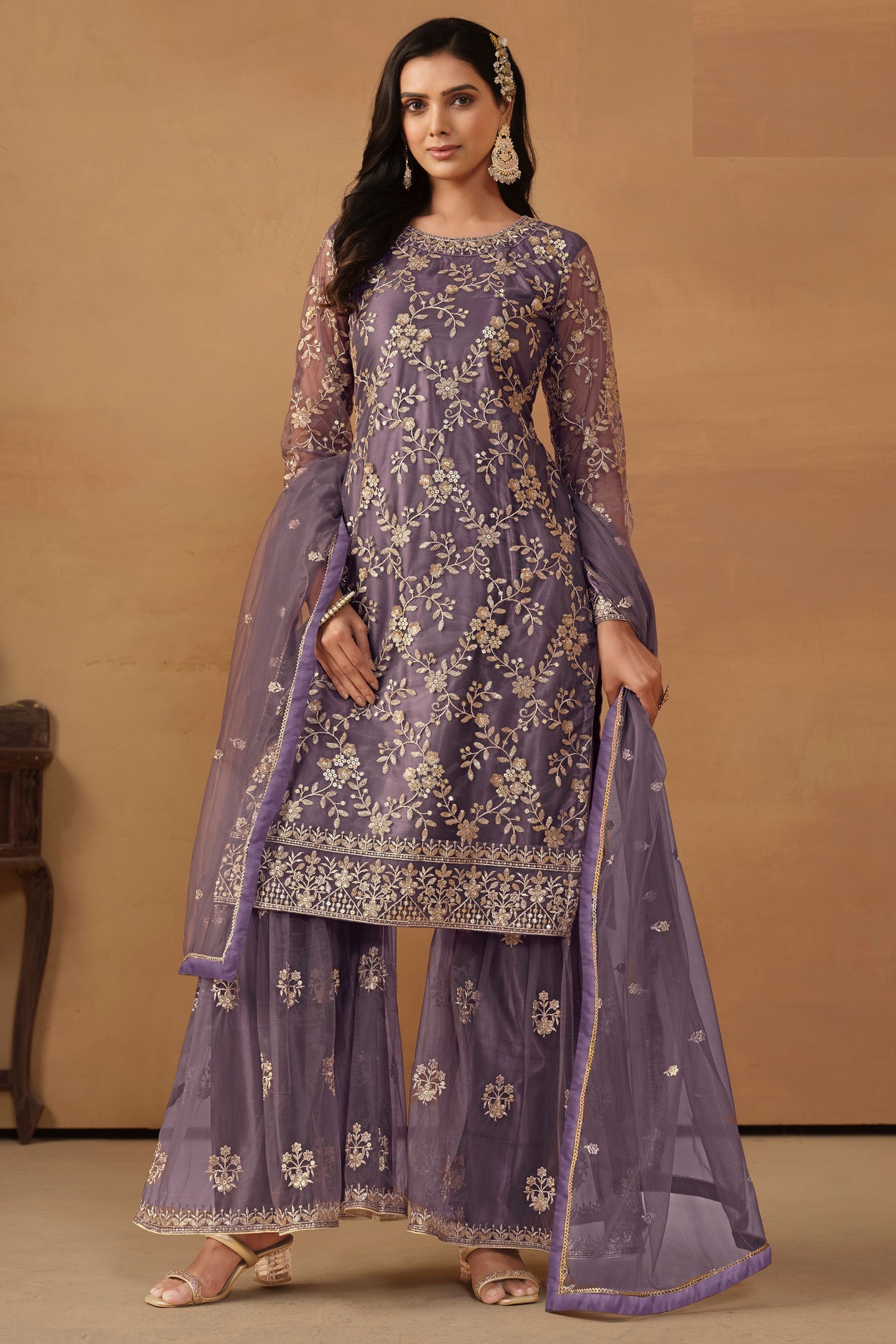 Purple Net Sharara Suit Dress For Indian Festivals & Weddings - Thread & Sequence Embroidery Work