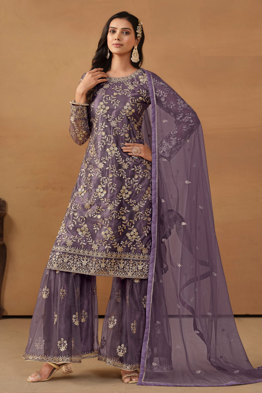 Purple Net Sharara Suit Dress For Indian Festivals & Weddings - Thread & Sequence Embroidery Work
