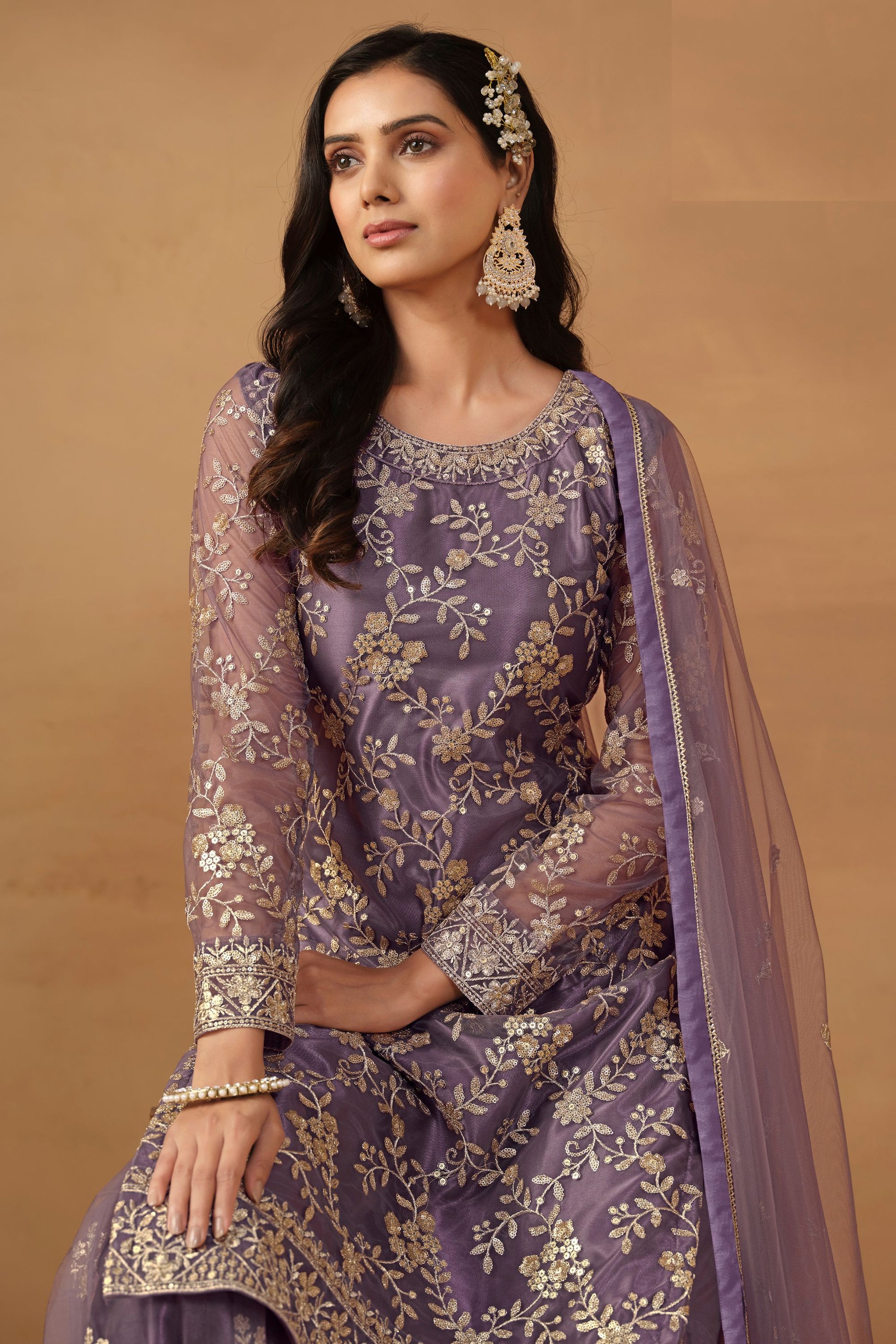 Purple Net Sharara Suit Dress For Indian Festivals & Weddings - Thread & Sequence Embroidery Work