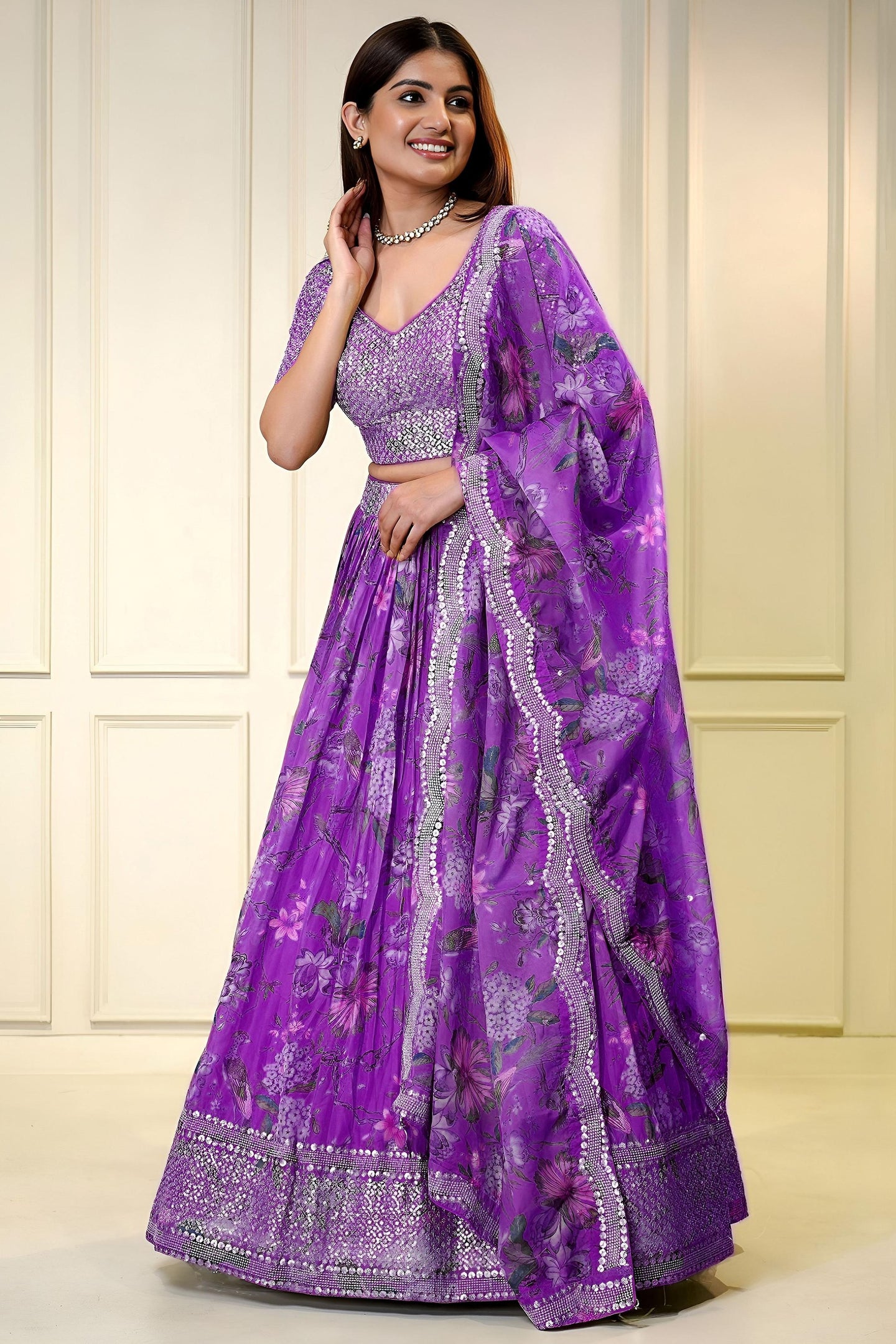 Purple Organza Silk Flower Printed Lehenga Choli For Indian & Pakistani Wedding Festival - Sequins & Thread Embroidery Work, Zari Work, Print Work