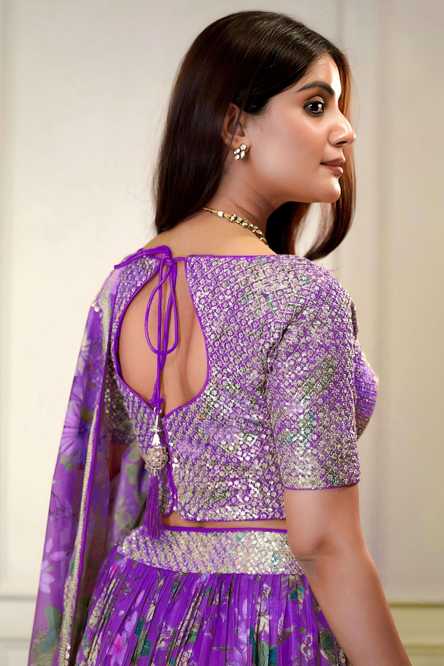 Purple Organza Silk Flower Printed Lehenga Choli For Indian & Pakistani Wedding Festival - Sequins & Thread Embroidery Work, Zari Work, Print Work