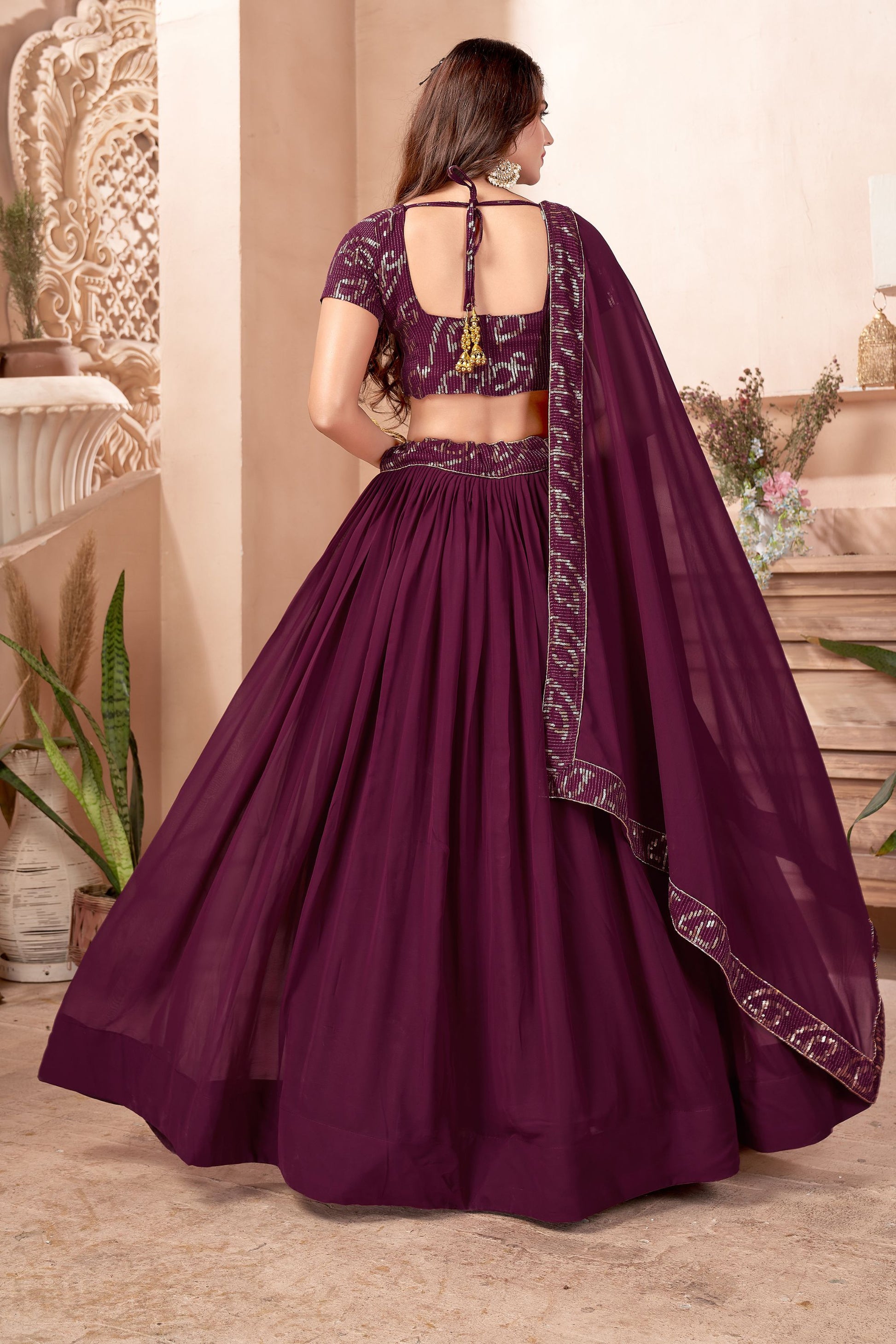 Purple Pakistani Georgette Lehenga Choli For Indian Festivals & Weddings - Sequence Embroidery Work,