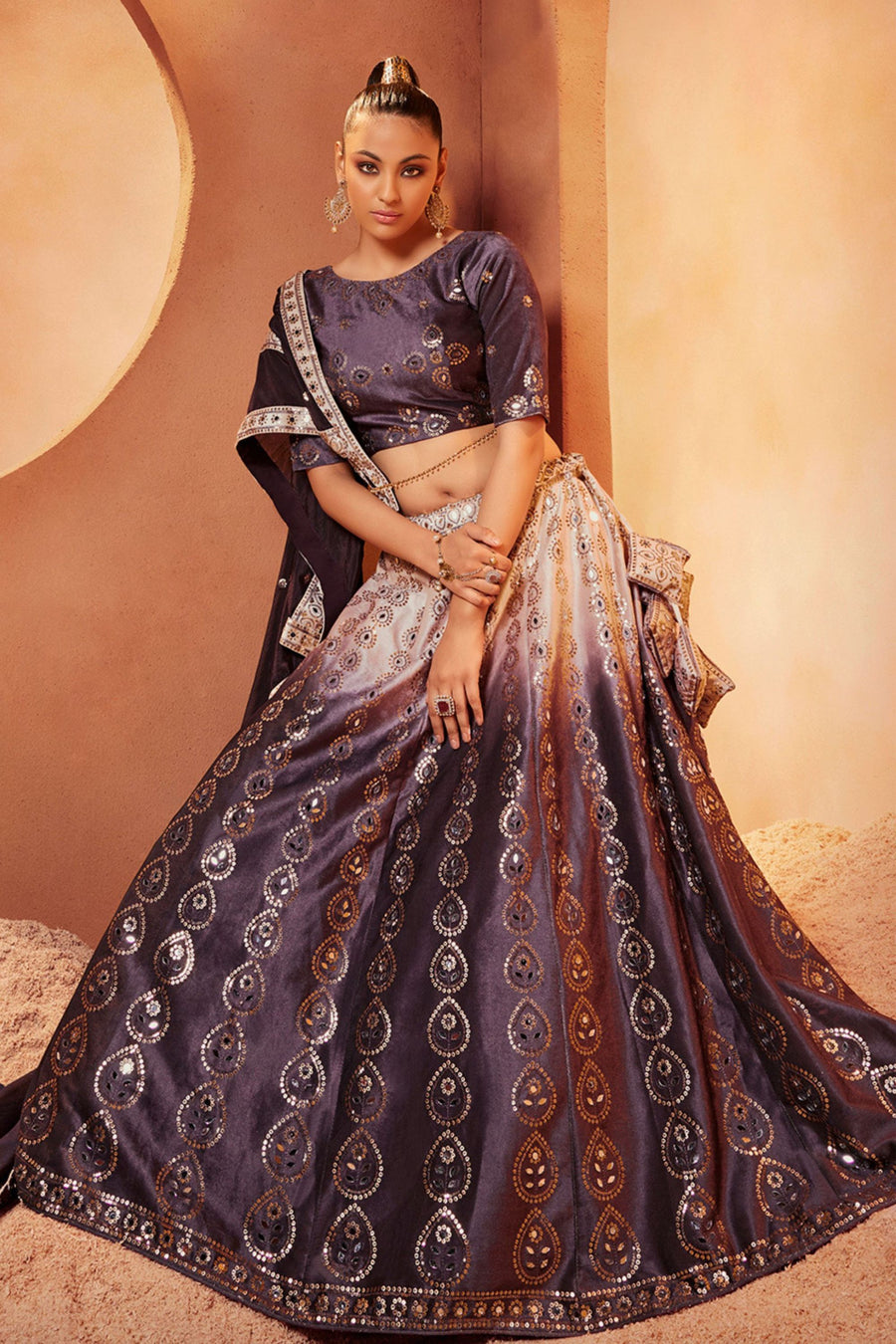 Purple Printed Velvet Lehenga Choli For Indian Festivals & Weddings - Sequence Embroidery Work, Mirror Work
