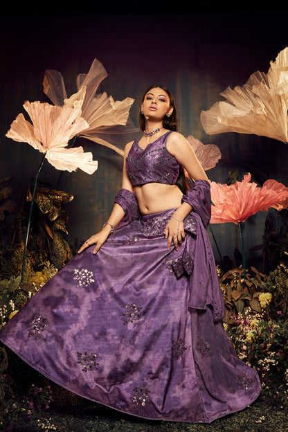 Purple Printed Velvet Lehenga Choli For Indian Festivals & Weddings - Print Work, Sequence Embroidery Work, Mirror Work