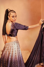 Purple Printed Velvet Lehenga Choli For Indian Festivals & Weddings - Sequence Embroidery Work, Mirror Work