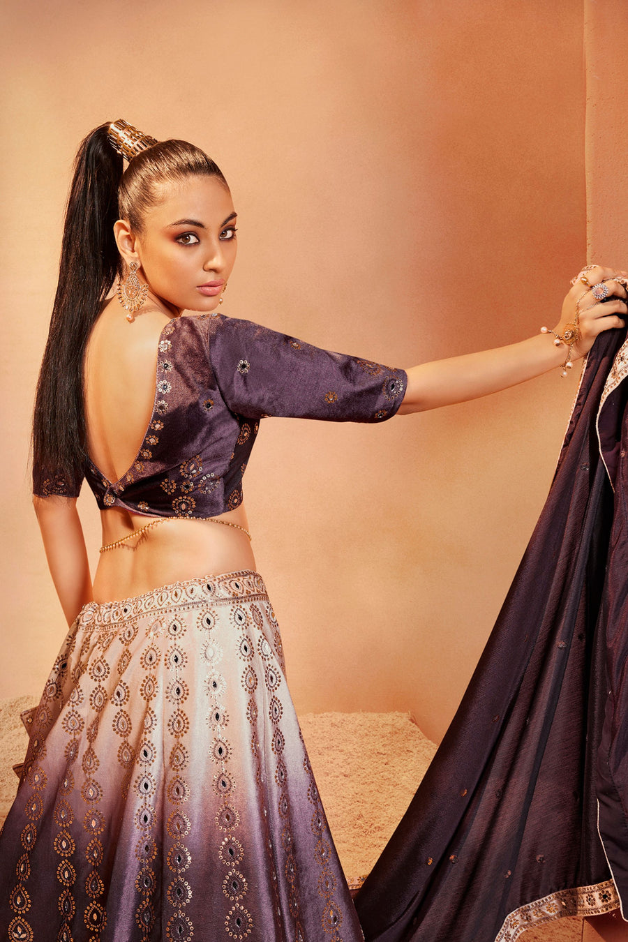 Purple Printed Velvet Lehenga Choli For Indian Festivals & Weddings - Sequence Embroidery Work, Mirror Work