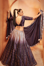 Purple Printed Velvet Lehenga Choli For Indian Festivals & Weddings - Sequence Embroidery Work, Mirror Work