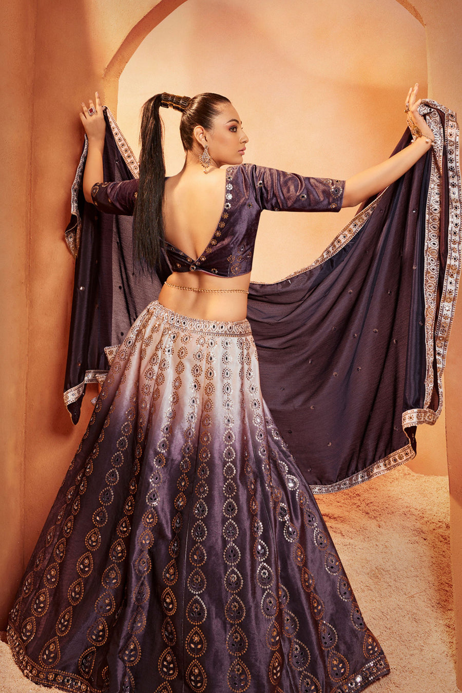 Purple Printed Velvet Lehenga Choli For Indian Festivals & Weddings - Sequence Embroidery Work, Mirror Work