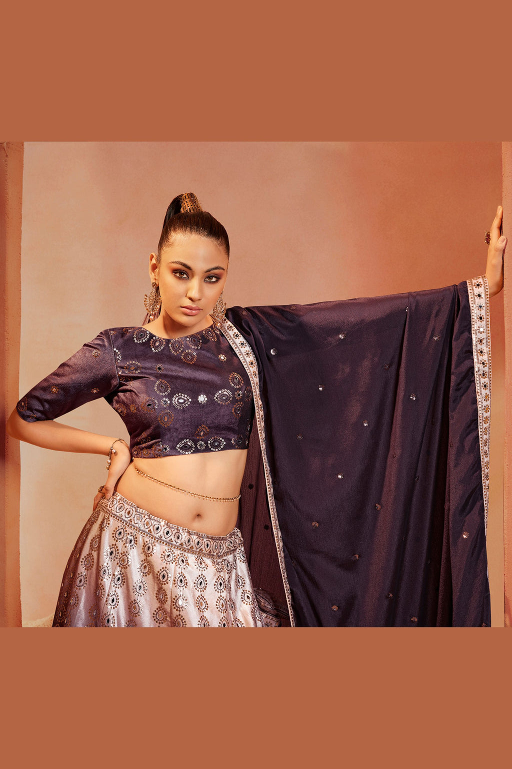 Purple Printed Velvet Lehenga Choli For Indian Festivals & Weddings - Sequence Embroidery Work, Mirror Work