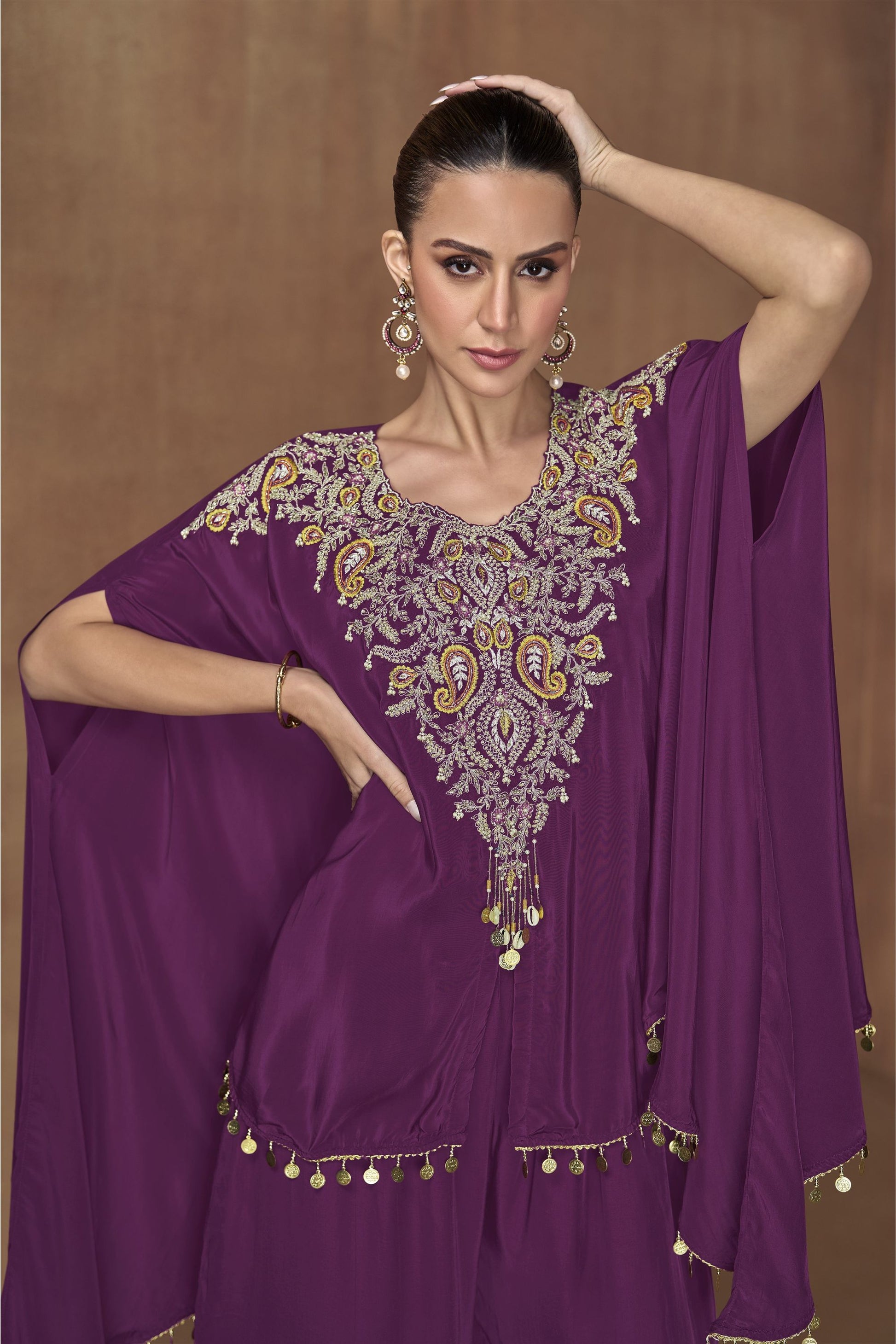 Purple Silk Kaftan Plazo Suit For Indian Weddings & Pakitani Festival - Embroidery Work