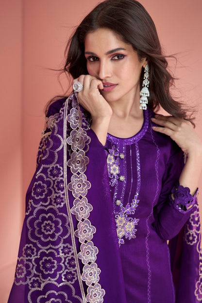 Purple Silk Salwar Kameez Suit For Indian Festivals & Pakistani Weddings - Thread Embroidery Work