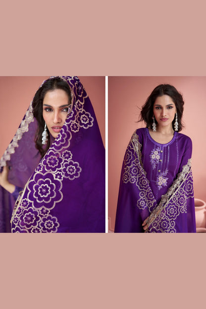 Purple Silk Salwar Kameez Suit For Indian Festivals & Pakistani Weddings - Thread Embroidery Work