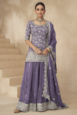 Purple Simmer Silk Kameez With Palazzo Suit For Indian & Pakistani Wedding Festival - Thread & Sequence Embroidery