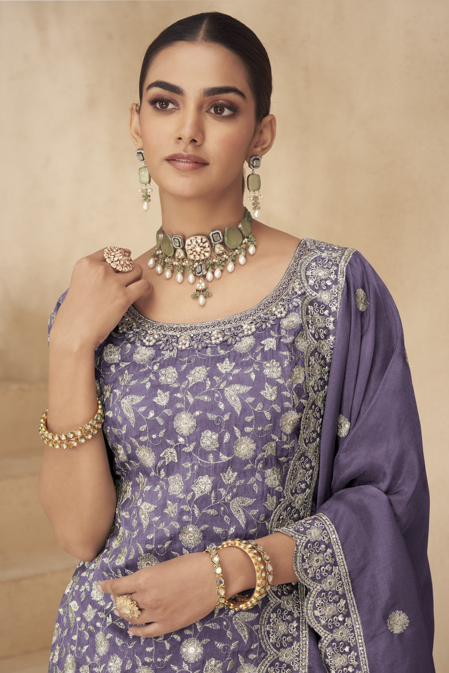 Purple Simmer Silk Kameez With Palazzo Suit For Indian & Pakistani Wedding Festival - Thread & Sequence Embroidery