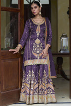 Purple Simmer Silk Palazzo Suit For Indian & Pakistani Wedding Festival - Thread & Sequins Embroidery Work