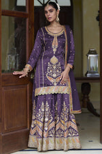 Purple Simmer Silk Palazzo Suit For Indian & Pakistani Wedding Festival - Thread & Sequins Embroidery Work