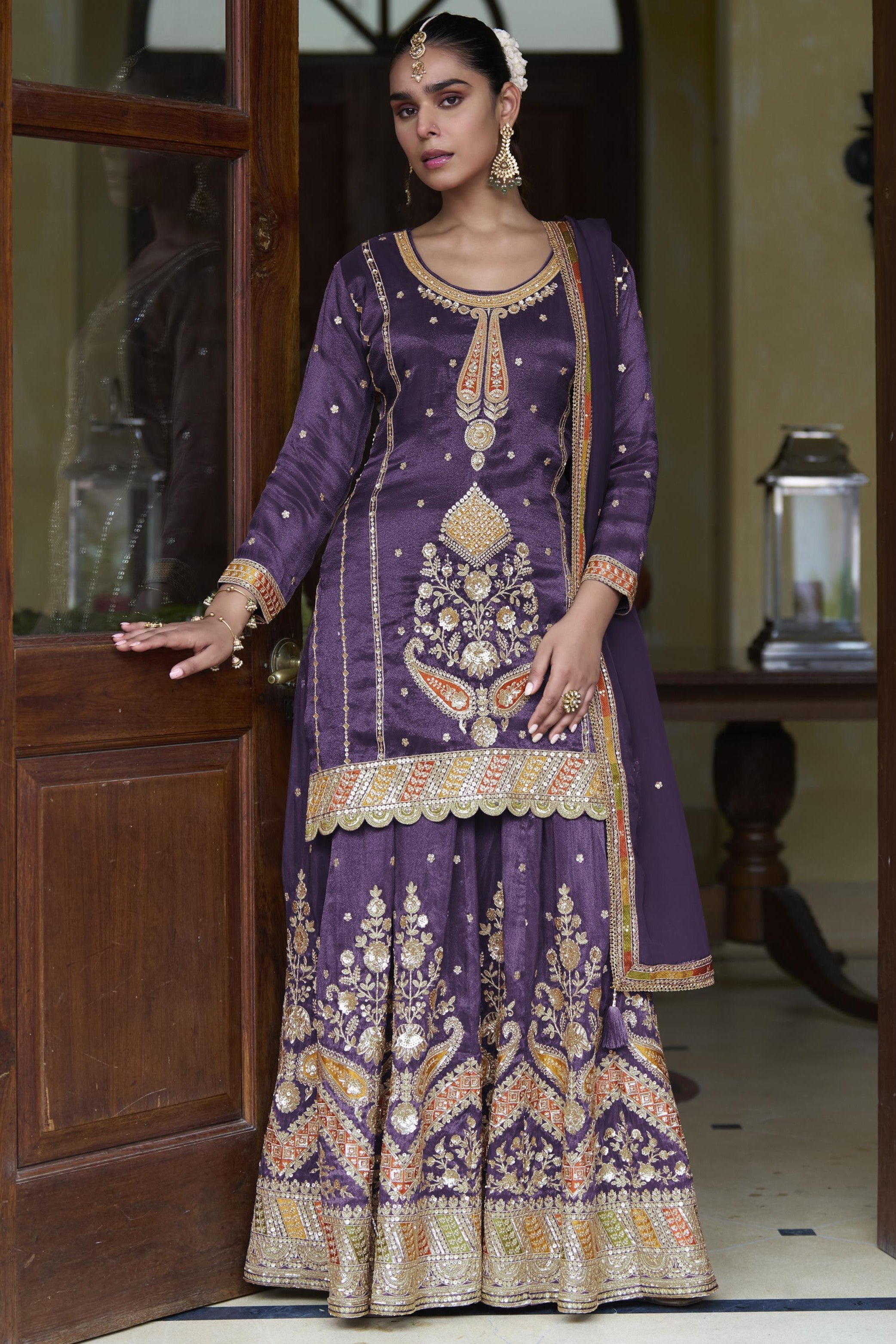 Purple Simmer Silk Palazzo Suit For Indian & Pakistani Wedding Festival - Thread & Sequins Embroidery Work