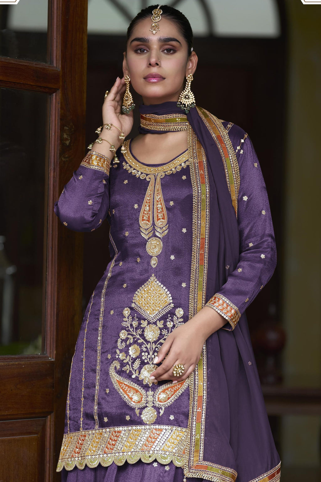 Purple Simmer Silk Palazzo Suit For Indian & Pakistani Wedding Festival - Thread & Sequins Embroidery Work