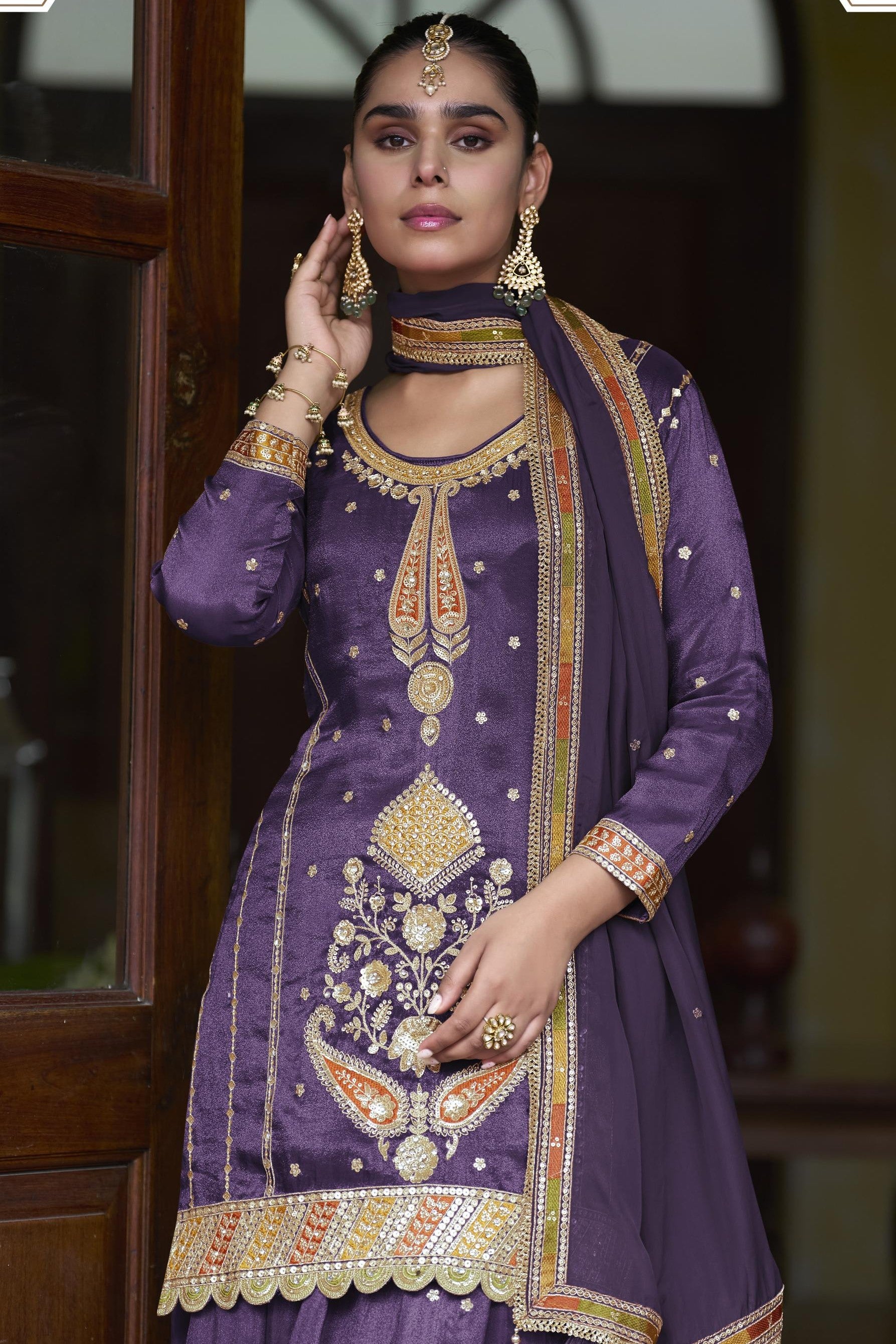 Purple Simmer Silk Palazzo Suit For Indian & Pakistani Wedding Festival - Thread & Sequins Embroidery Work