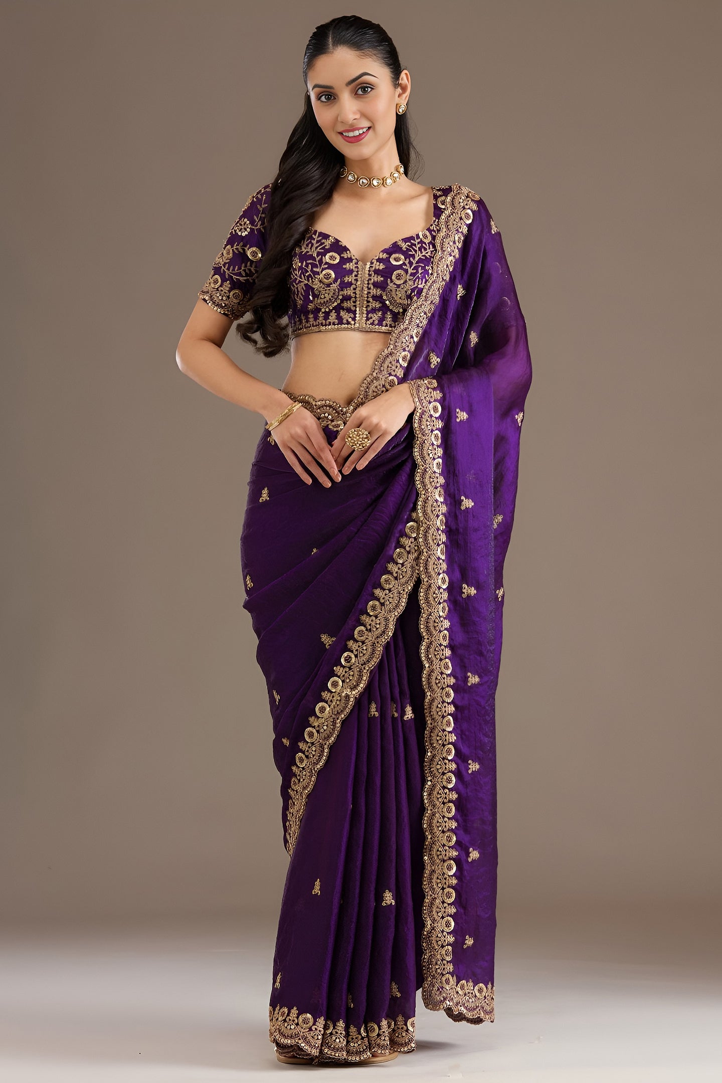 Purple Tissue Saree with Stitched Blouse in Sequin Zari and Pearl Work