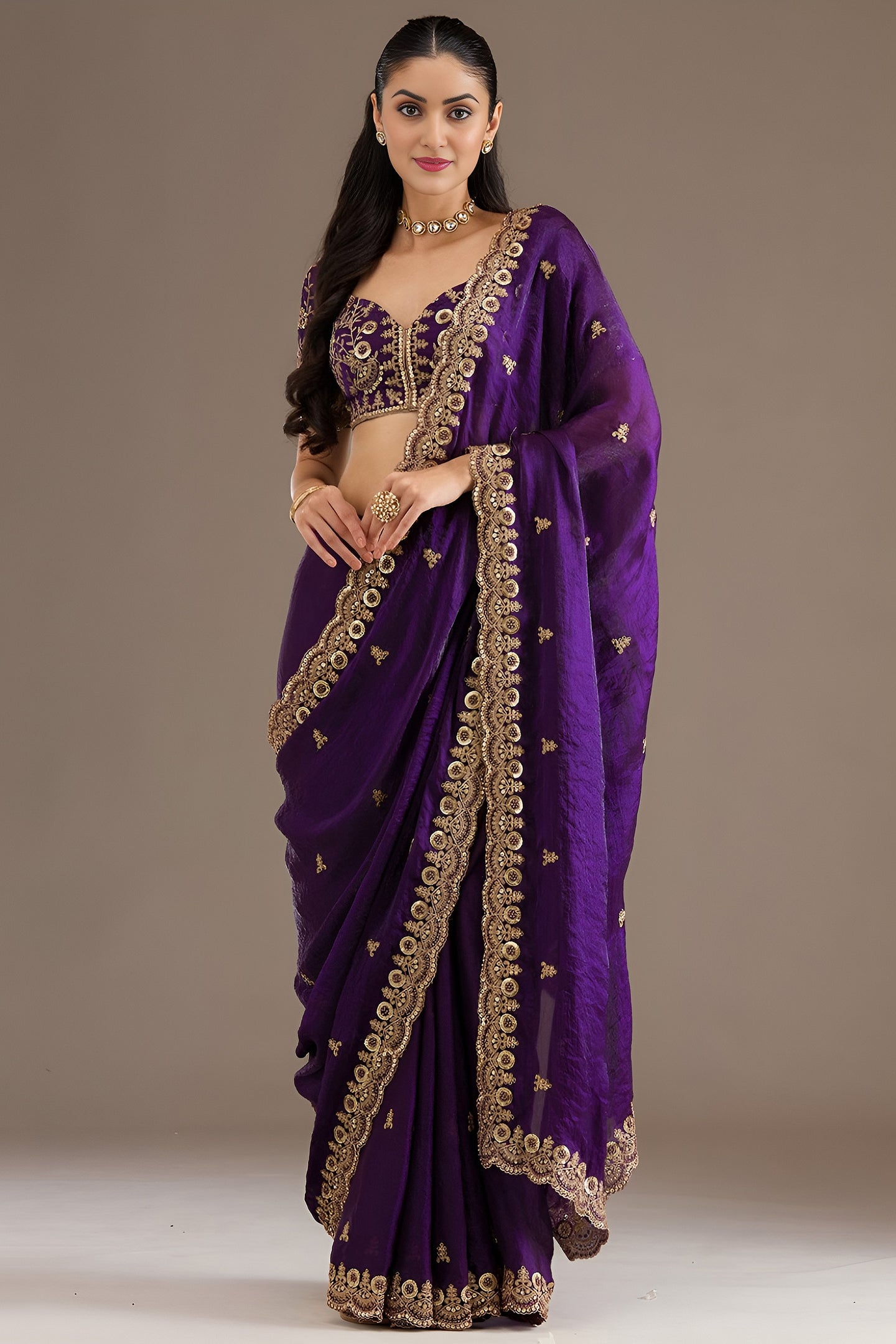 Purple Tissue Saree with Stitched Blouse in Sequin Zari and Pearl Work