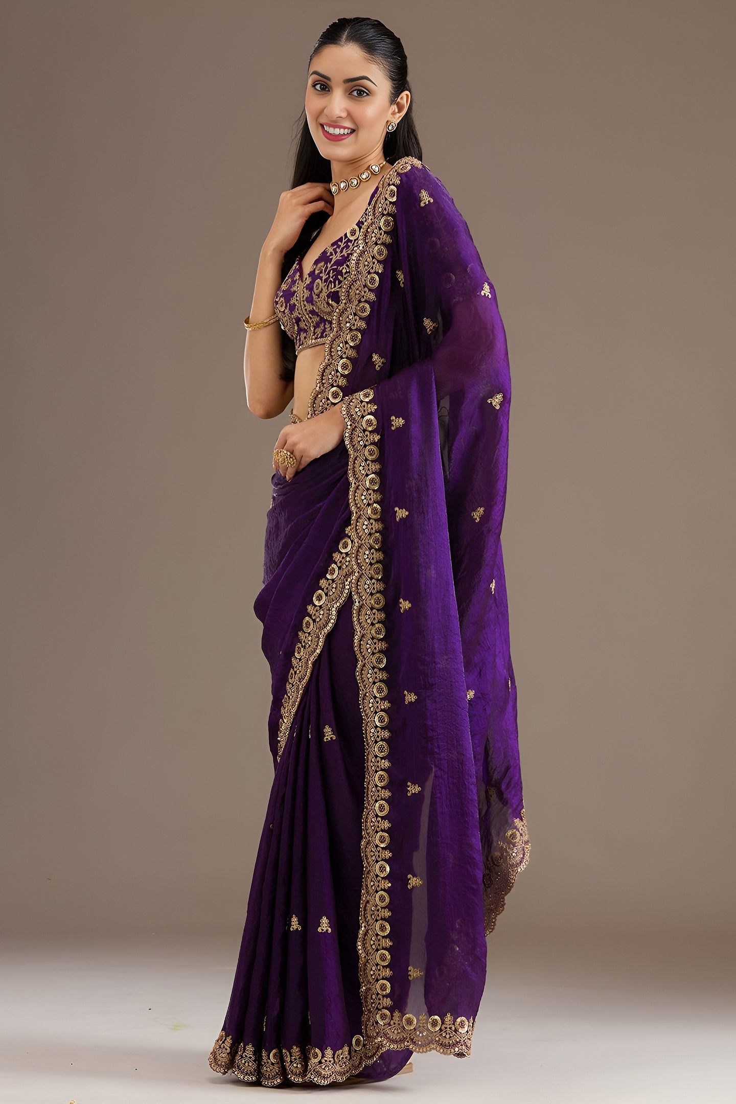 Purple Tissue Saree with Stitched Blouse in Sequin Zari and Pearl Work