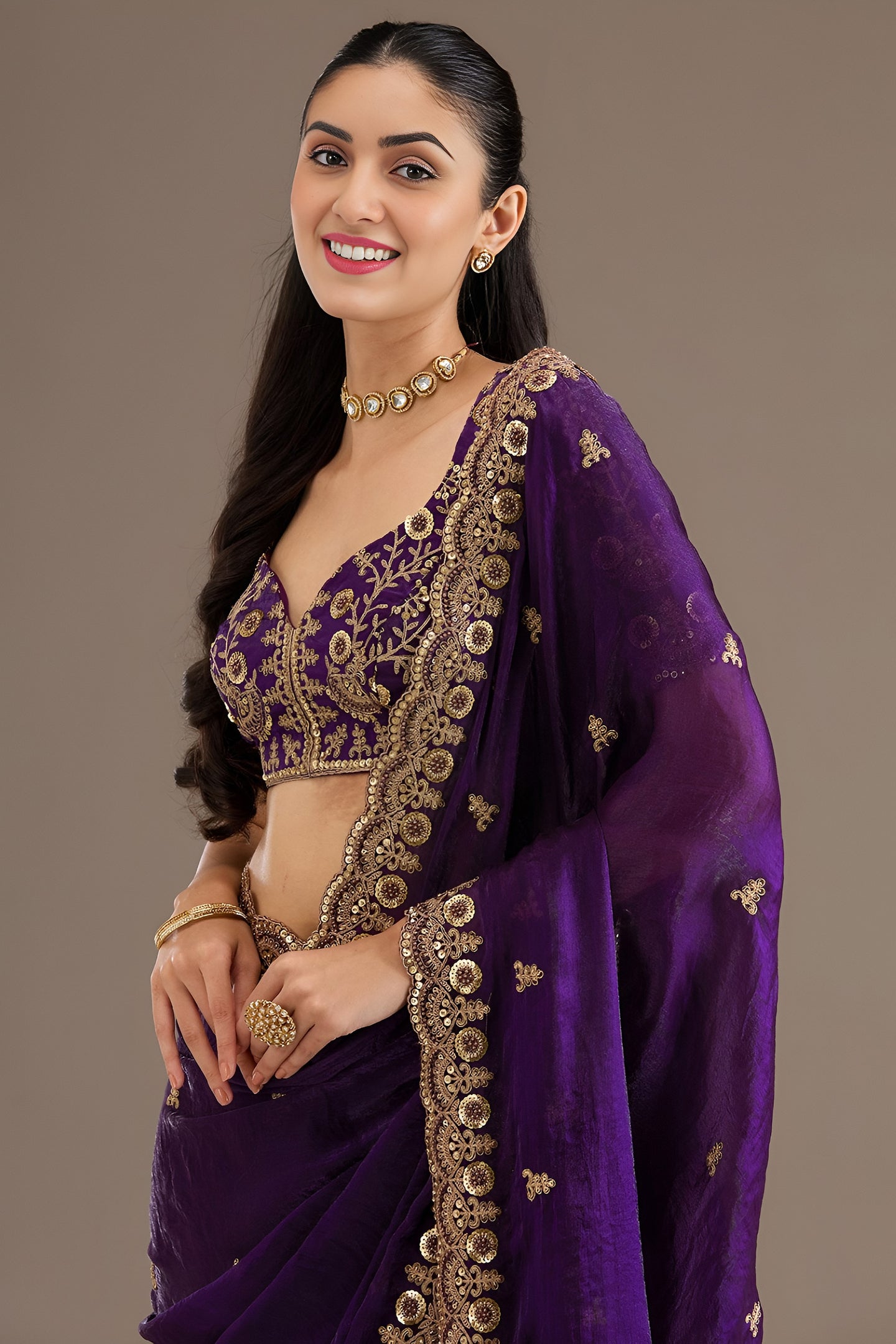 Purple Tissue Saree with Stitched Blouse in Sequin Zari and Pearl Work