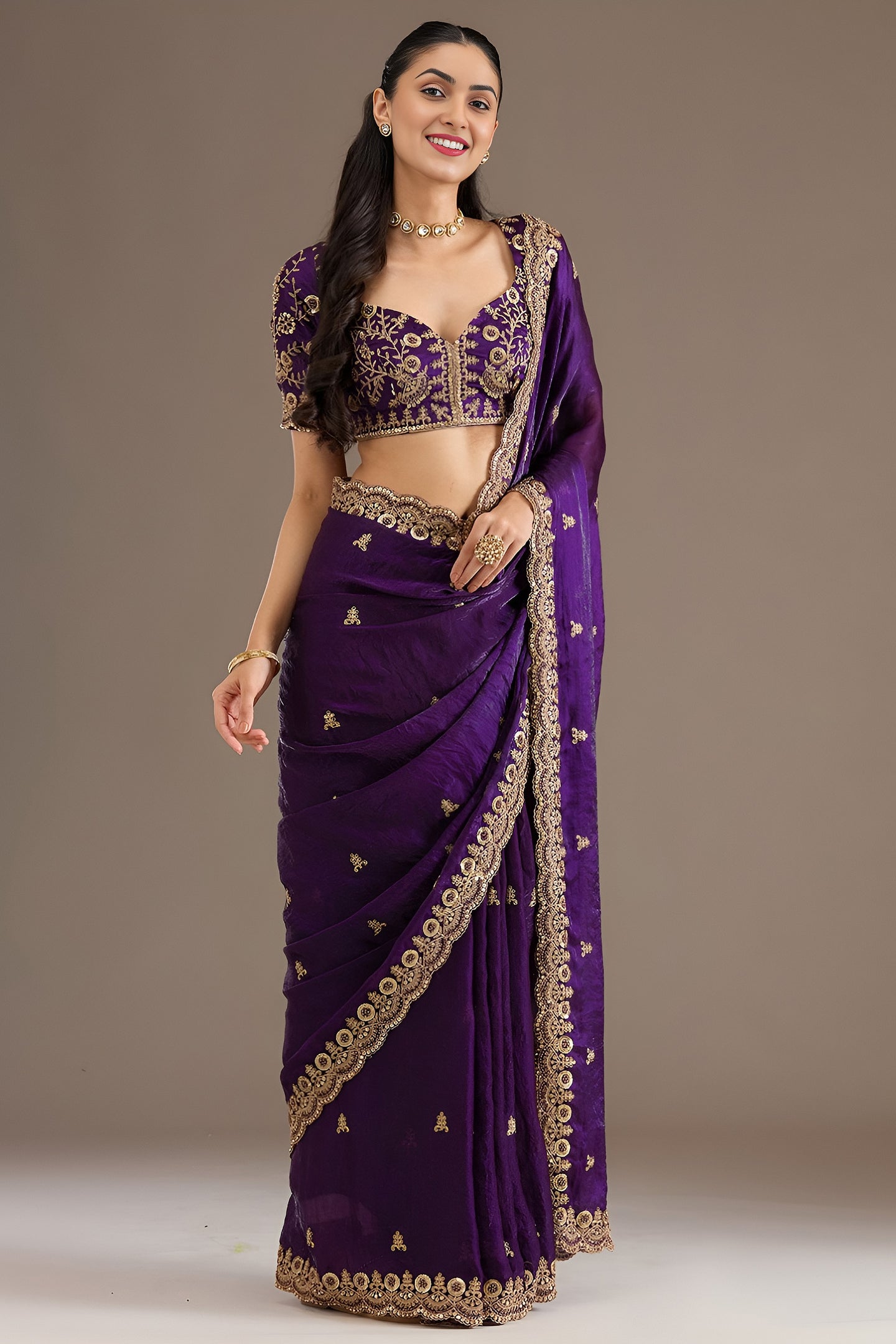 Purple Tissue Saree with Stitched Blouse in Sequin Zari and Pearl Work