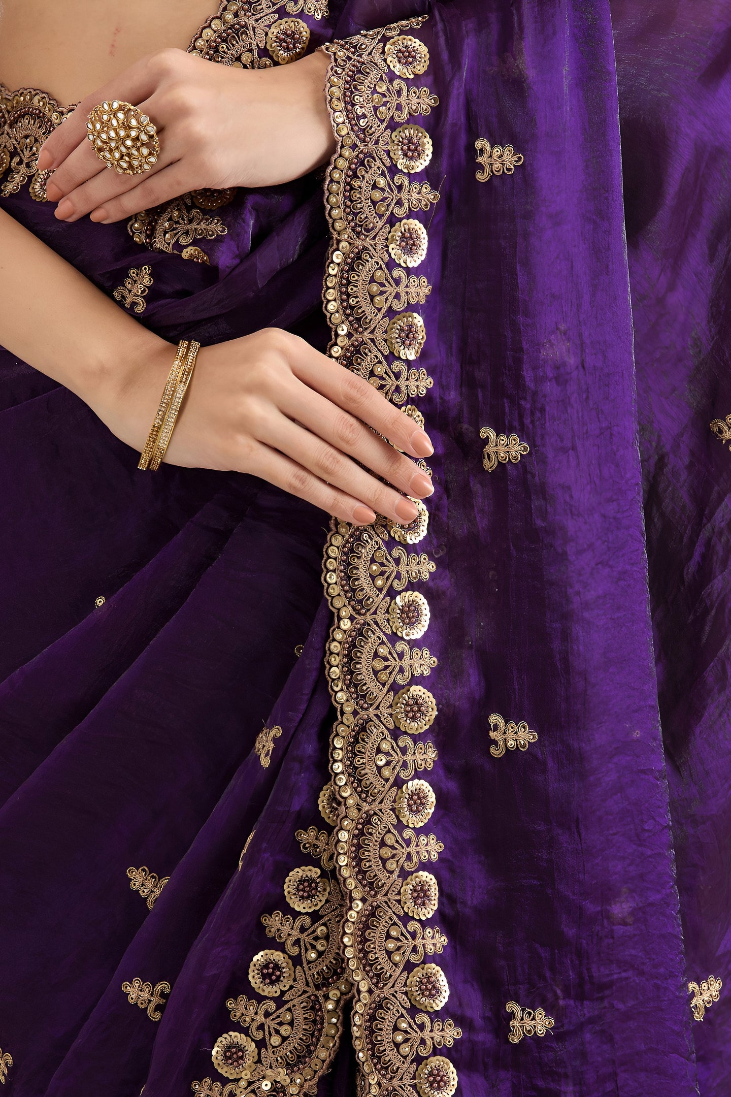 Purple Tissue Saree with Stitched Blouse in Sequin Zari and Pearl Work