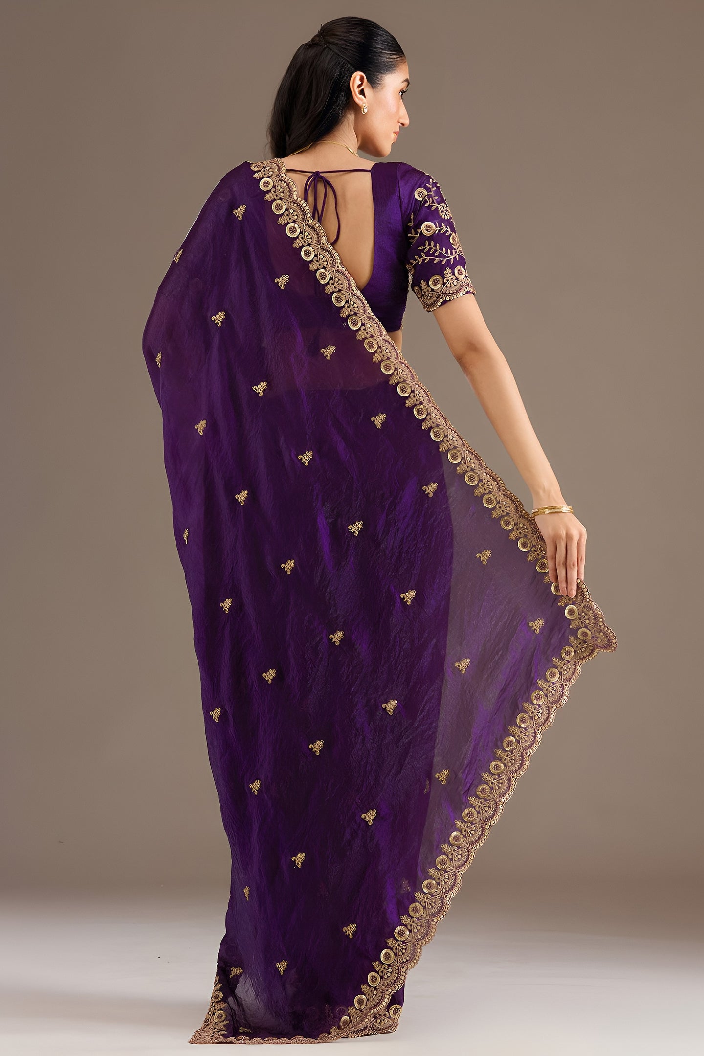 Purple Tissue Saree with Stitched Blouse in Sequin Zari and Pearl Work
