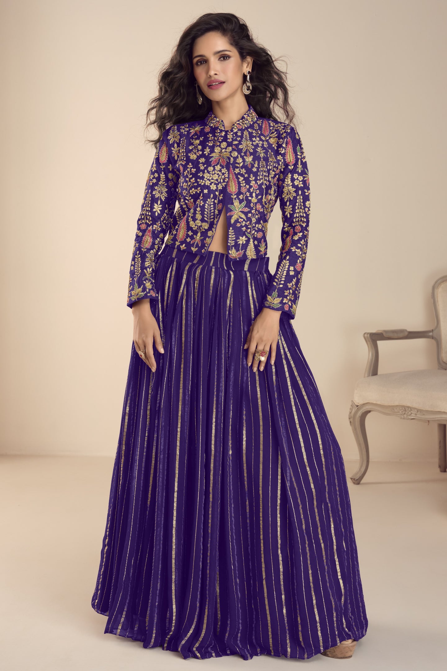 Purple Vichitra Silk Long Sleeves Lehenga with Sequins Embroidery Work