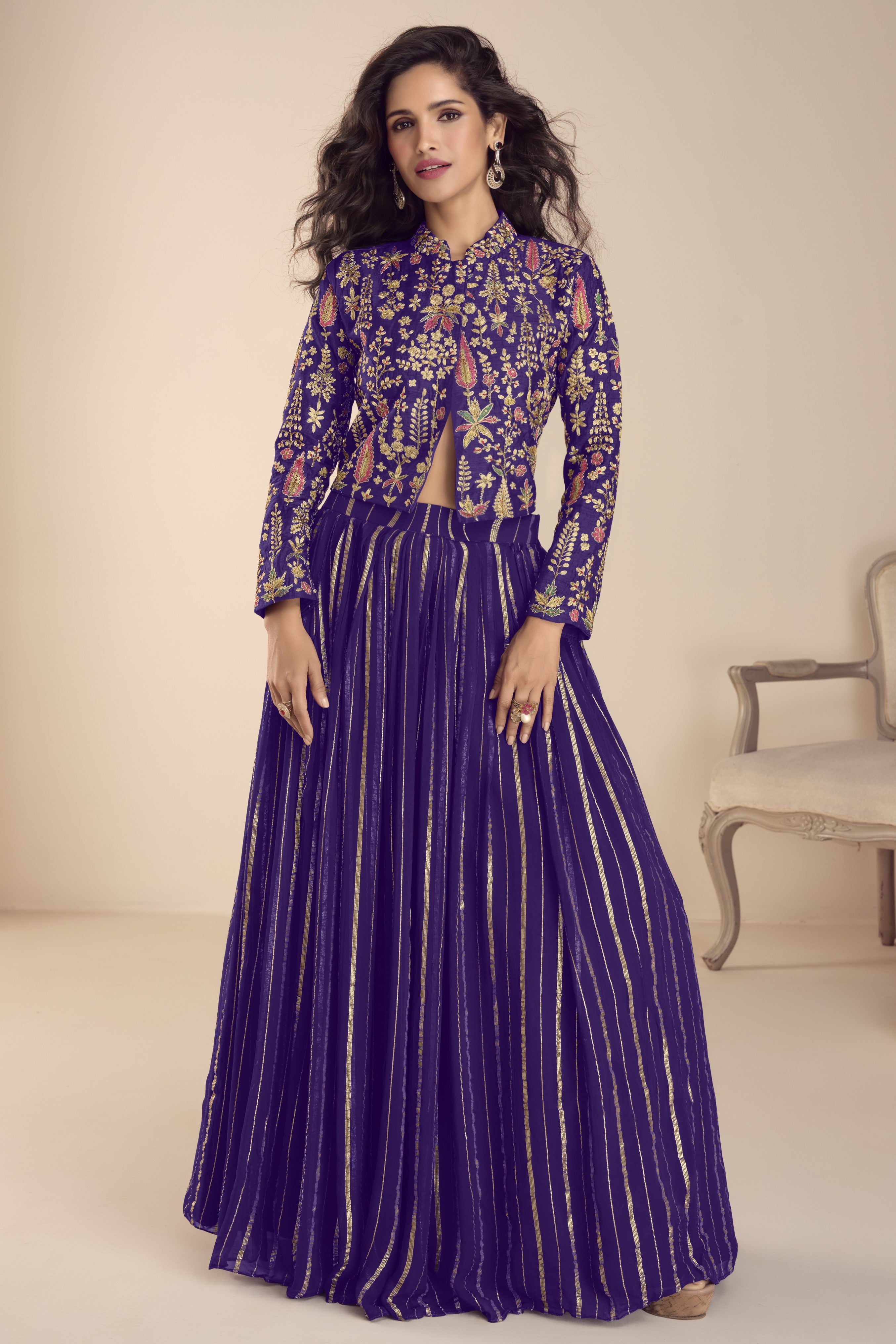Purple Vichitra Silk Long Sleeves Lehenga with Sequins Embroidery Work