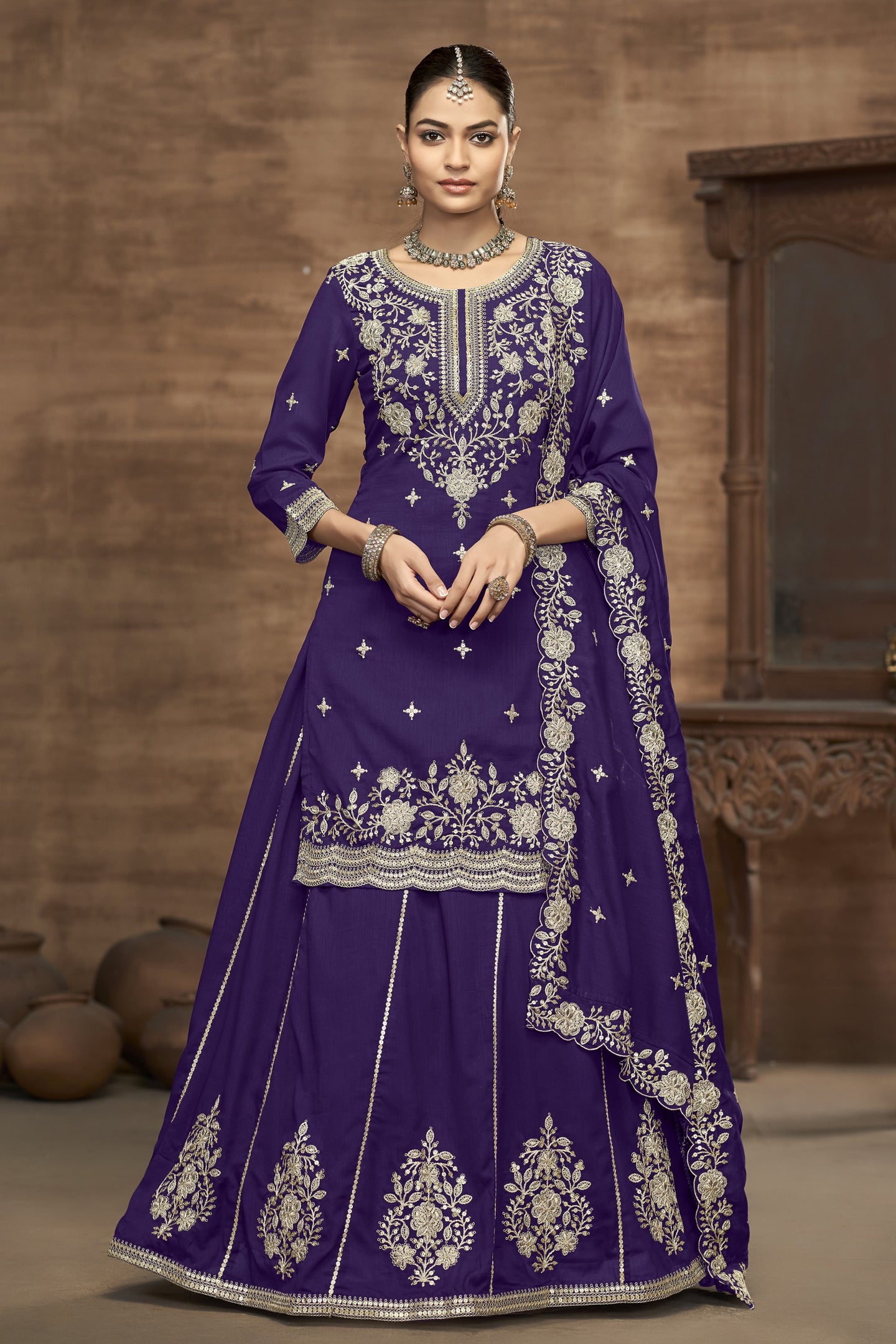 Purple Vichitra Silk Pakistani Skirt Suit with Sequins Work
