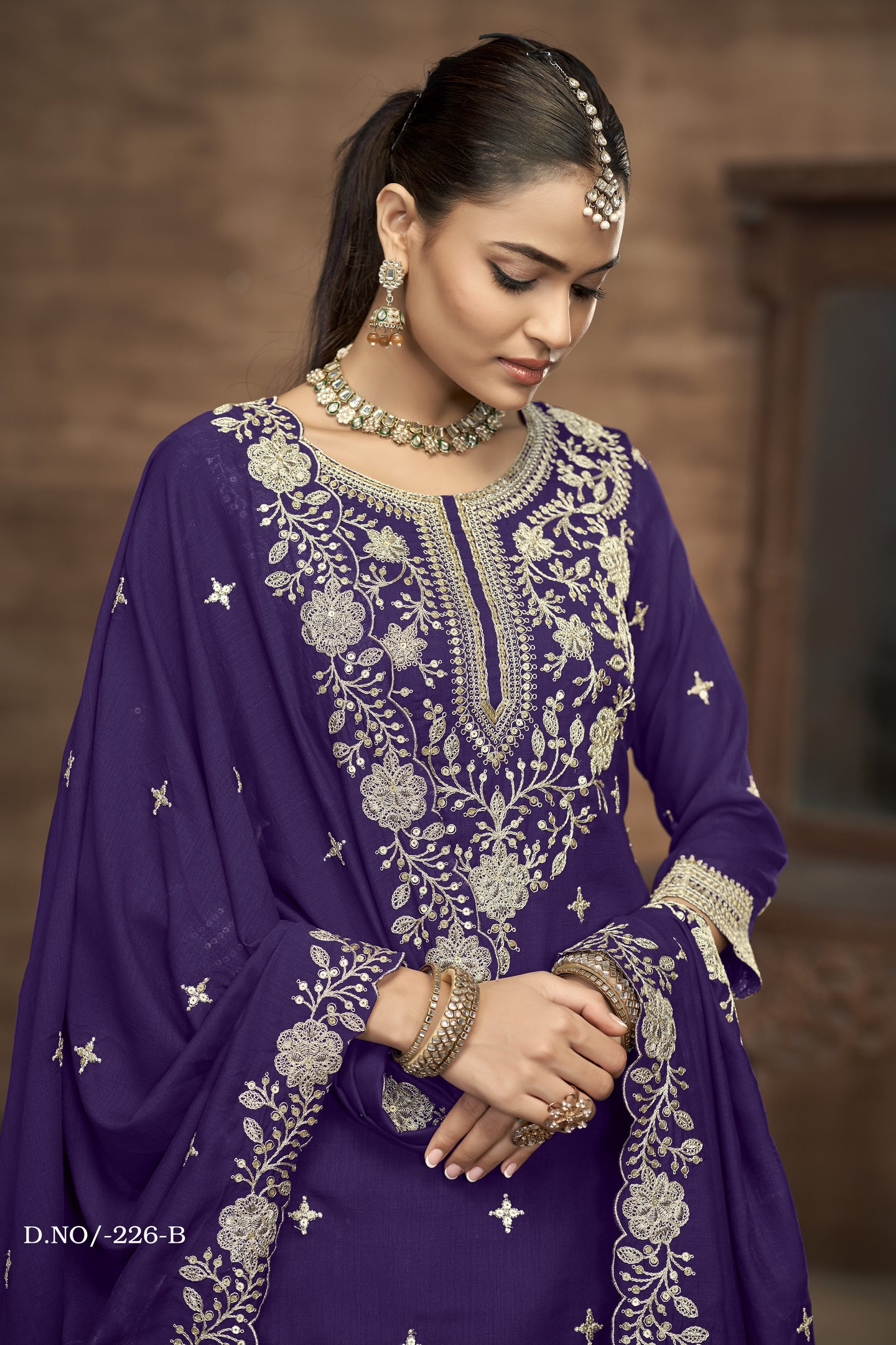 Purple Vichitra Silk Pakistani Skirt Suit with Sequins Work