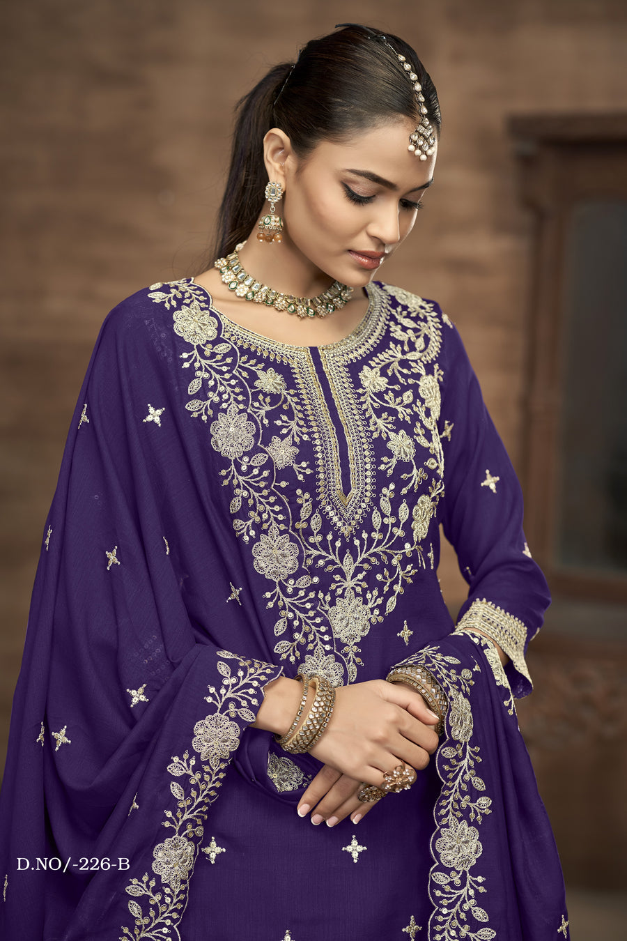 Purple Vichitra Silk Pakistani Skirt Suit with Sequins Work