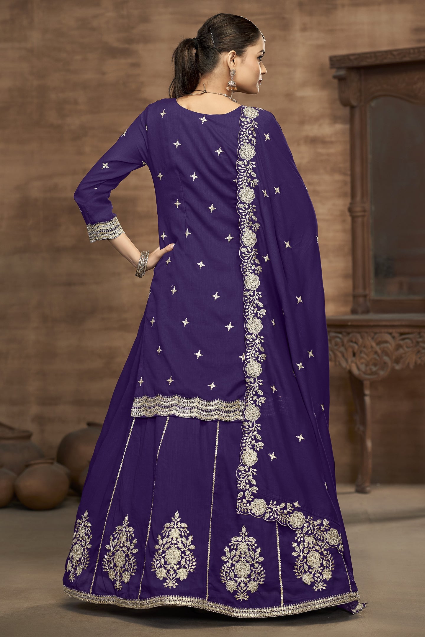 Purple Vichitra Silk Pakistani Skirt Suit with Sequins Work