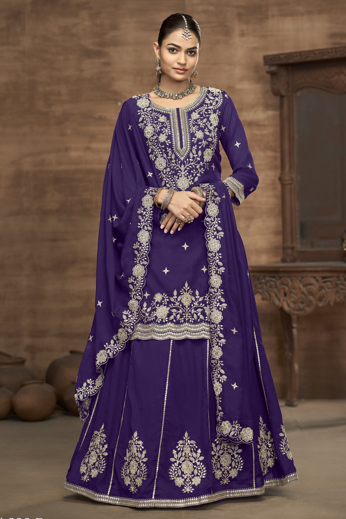 Purple Vichitra Silk Pakistani Skirt Suit with Sequins Work
