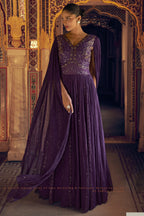 Purple Viscose Shimmer Jacquard Silk Partywear One Piece Gown For Indian & Pakistani Wedding Festival - Sequins & Thread Embroidery Work