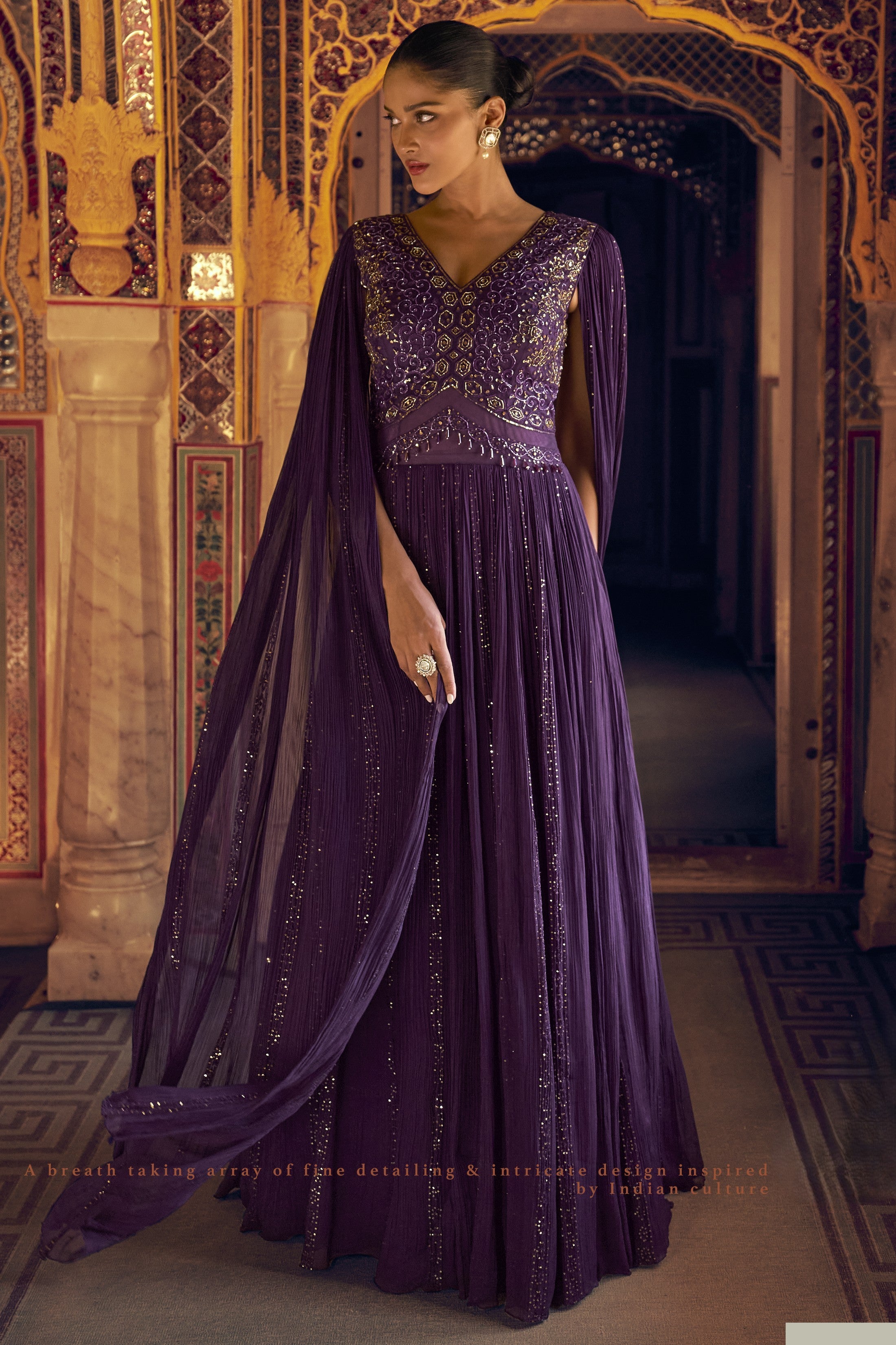 Purple Viscose Shimmer Jacquard Silk Partywear One Piece Gown For Indian & Pakistani Wedding Festival - Sequins & Thread Embroidery Work