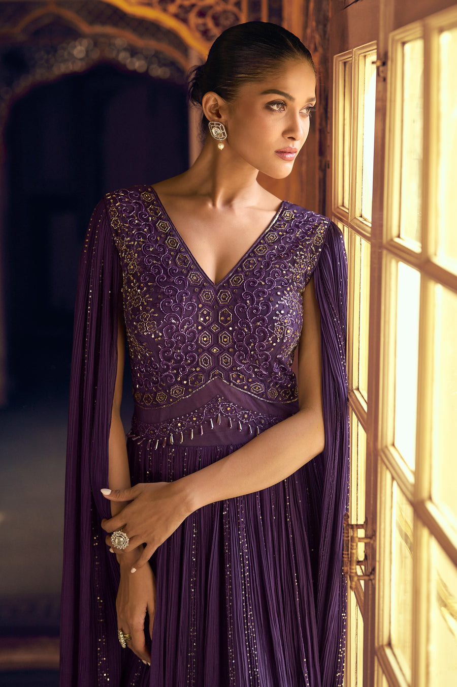 Purple Viscose Shimmer Jacquard Silk Partywear One Piece Gown For Indian & Pakistani Wedding Festival - Sequins & Thread Embroidery Work