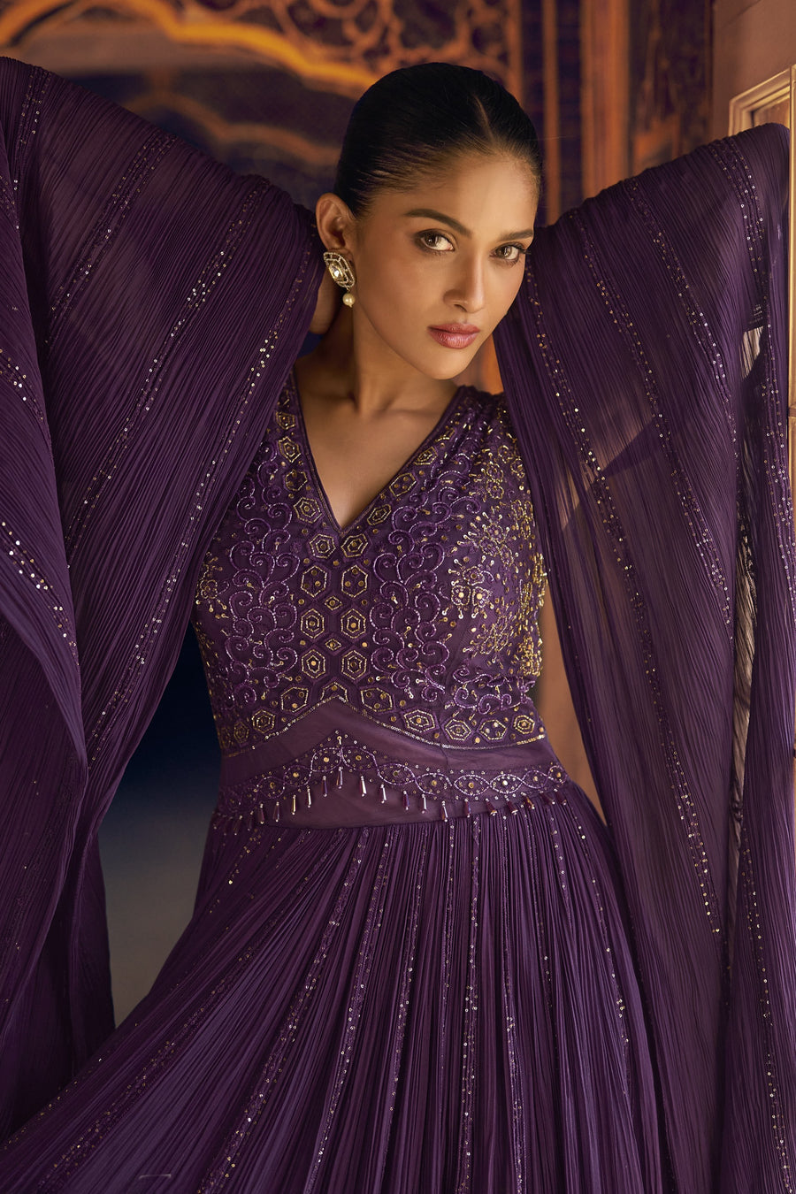 Purple Viscose Shimmer Jacquard Silk Partywear One Piece Gown For Indian & Pakistani Wedding Festival - Sequins & Thread Embroidery Work