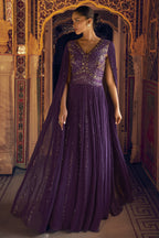 Purple Viscose Shimmer Jacquard Silk Partywear One Piece Gown For Indian & Pakistani Wedding Festival - Sequins & Thread Embroidery Work