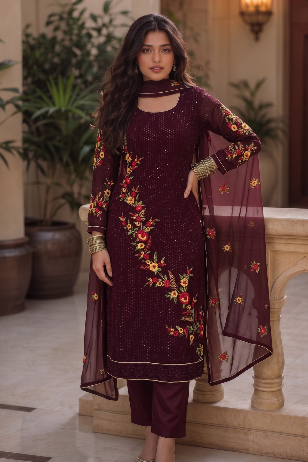 Purple Brown Georgette Suits for Indian & Pakistani Wedding Festival - Sequins & Thread Embroidery Work