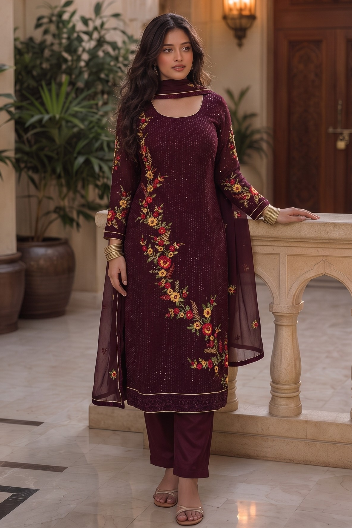 Purple Brown Georgette Suits for Indian & Pakistani Wedding Festival - Sequins & Thread Embroidery Work