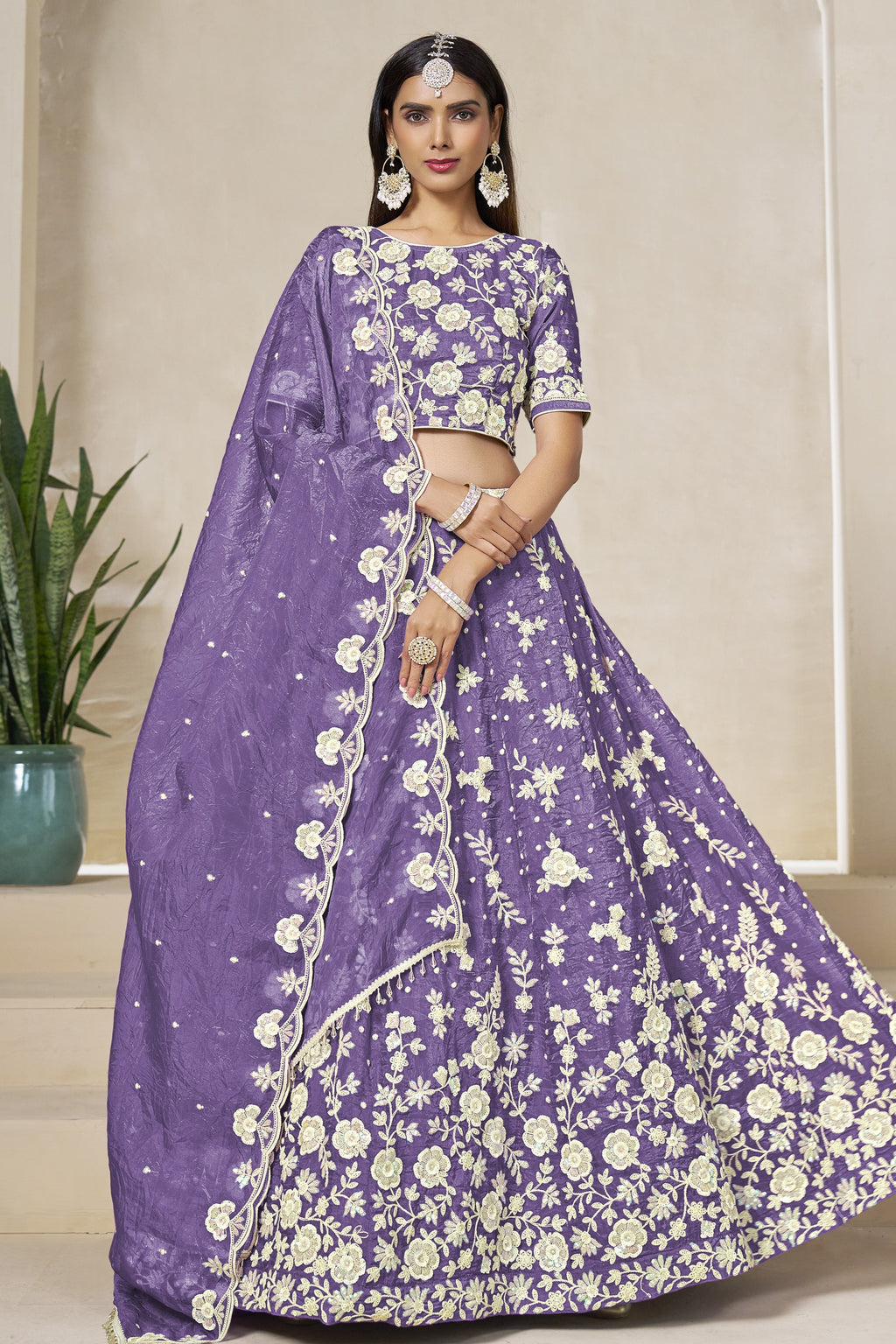 Purple Gray Crushed Organza Lehenga Choli for Wedding with Thread & Sequin Embroidery