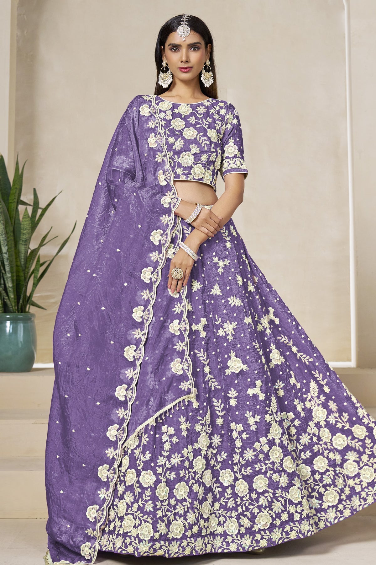Purple Gray Crushed Organza Lehenga Choli for Wedding with Thread & Sequin Embroidery