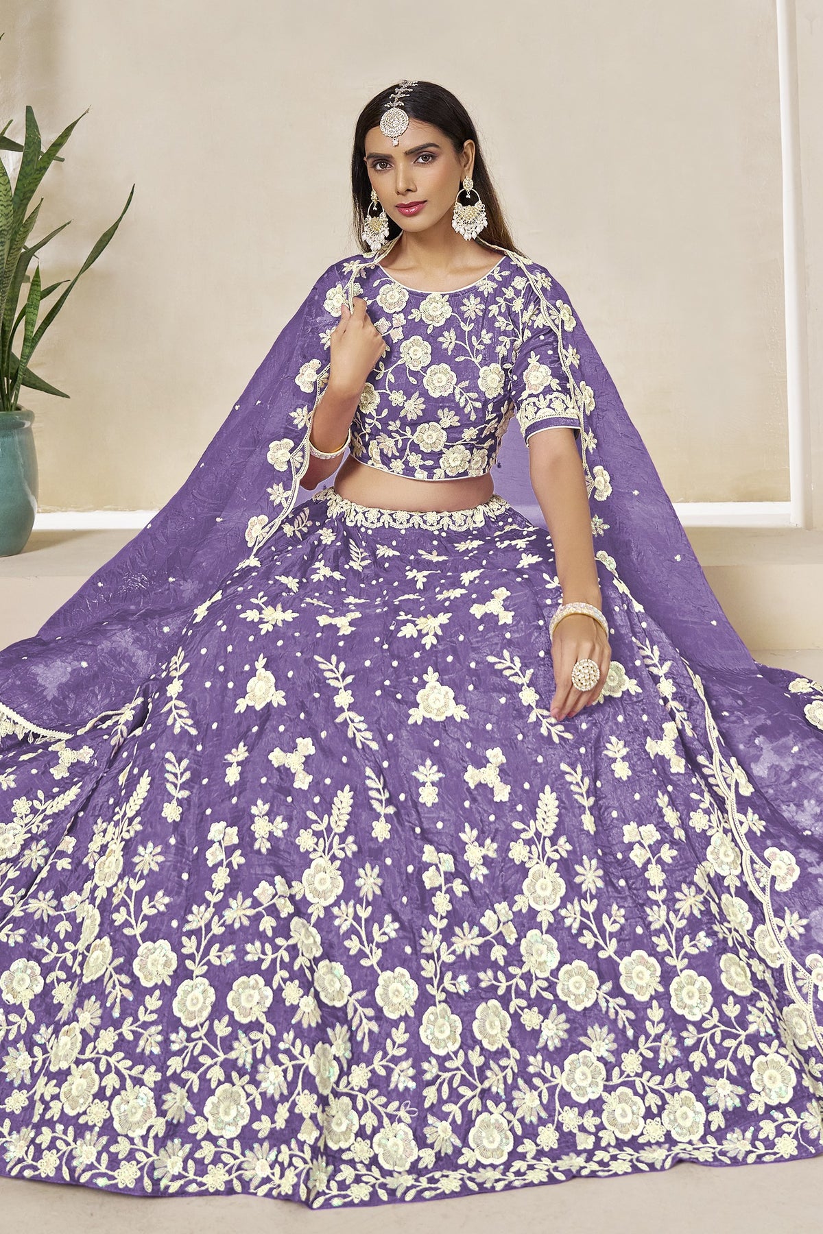 Purple Gray Crushed Organza Lehenga Choli for Wedding with Thread & Sequin Embroidery