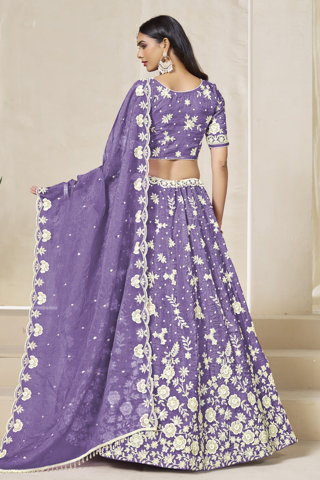 Purple Gray Crushed Organza Lehenga Choli for Wedding with Thread & Sequin Embroidery